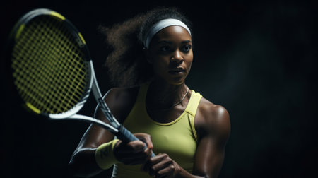 Action Portrait of woman training for tennis match. Confident and focused athleteの素材