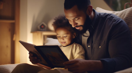 Young father reading a book to his son. Parent bonding and learning with toddlerの素材