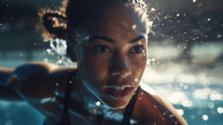 Action Portrait of female swimming or training. Confident and focused woman athleteの素材