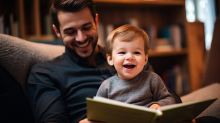 Young father reading a book to his son. Parent bonding and learning with toddlerの素材