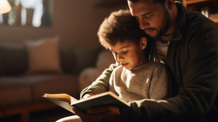 Young father reading a book to his son. Parent bonding and learning with toddlerの素材