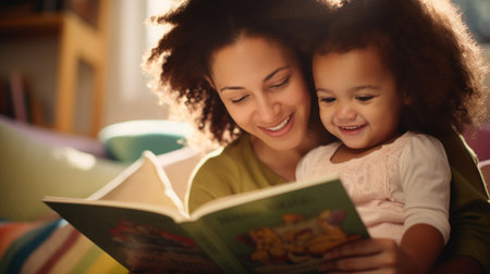 Young mother reading a book to her daughter. Parent bonding and learning with toddlerの素材