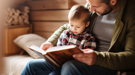 Young father reading a book to his son. Parent bonding and learning with toddlerの素材