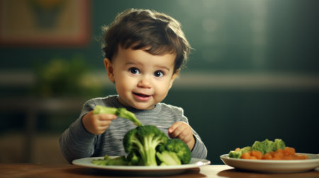 Toddler eats fresh broccoli vegetable. Healthy food. Vitamins and healthy.の素材