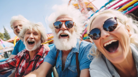 Senior friend group at amusement park. Rides, food, fun retirement activityの素材