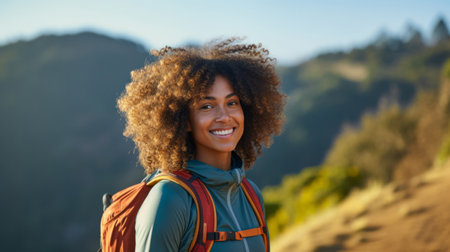 Happy african american woman hiking outdoors. Fitness hike and travel journeyの素材