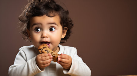 Toddler eating a piece of bread or cake. Messy baby girl eating bread or snackの素材