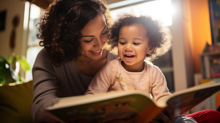 Young mother reading a book to her daughter. Parent bonding and learning with toddlerの素材