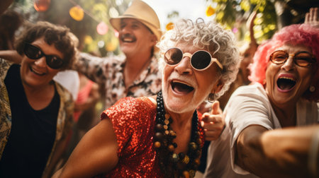 Senior friend group dancing. Fun retirement home birthday activityの素材