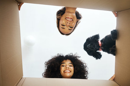 Portrait, happy and lesbian couple with dog and box for moving, unpacking or a new house from below....