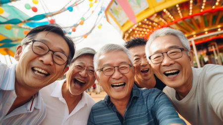 Senior friend group at amusement park. Rides, food, fun retirement activityの素材