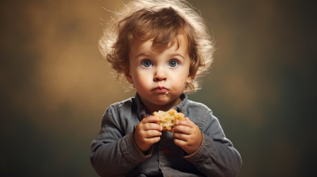 Toddler eating a piece of bread. Messy boy eating bread or snackの素材