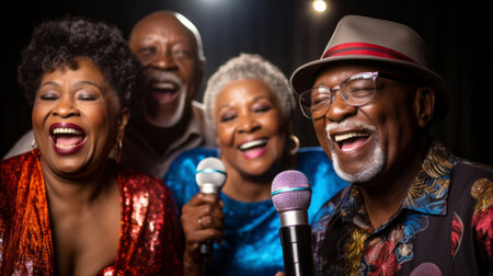 Senior friend group singing karaoke. Fun retirement birthday activityの素材