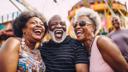 Senior friend group at amusement park. Rides, food, fun retirement activityの素材