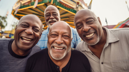 Senior friend group at amusement park. Rides, food, fun retirement activityの素材
