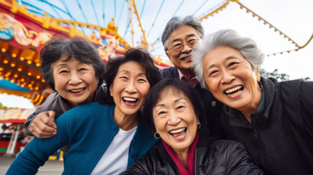 Senior friend group at amusement park. Rides, food, fun retirement activityの素材