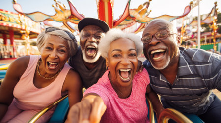 Senior friend group at amusement park. Rides, food, fun retirement activityの素材