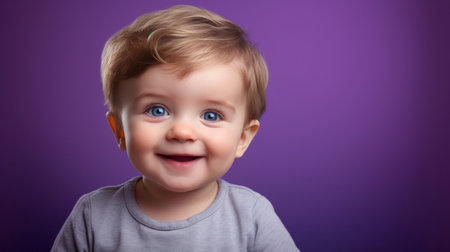 Portrait of a toddler posing against a purple background. happy smiling boyの素材
