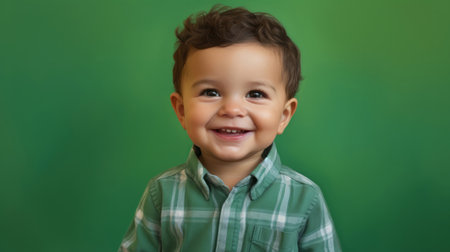 Portrait of a toddler posing against a green background. happy smiling boyの素材