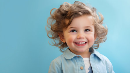 Portrait of a toddler posing against a blue background. happy smiling girlの素材