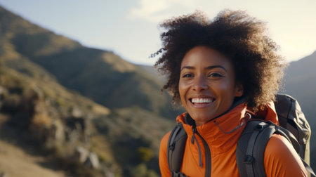 Happy african american woman hiking outdoors. Fitness hike and travel journeyの素材