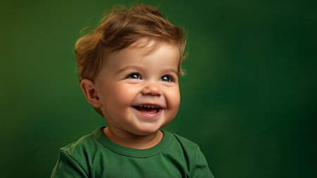Portrait of a toddler posing against a green background. happy smiling boyの素材