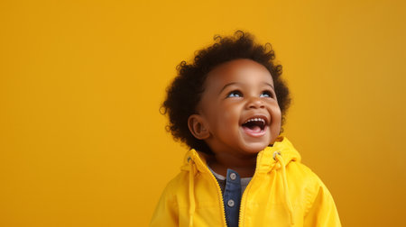 Portrait of a toddler posing against a yellow background. happy smiling girlの素材