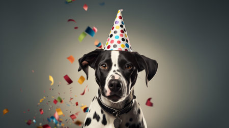 Portrait of a cute dog wearing a party hat for birthday celebrationの素材