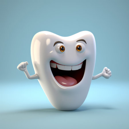 3d smiling tooth cartoon on blue copyspace background. Professional dental hygiene concept.の素材