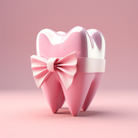 3d pink tooth cartoon on pink copyspace background. Professional dental hygiene concept.の素材