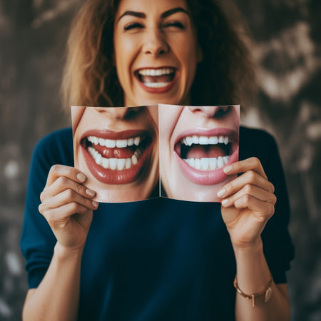 Woman holding laughing photo. Professional dental hygiene healthy teeth concept.の素材