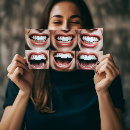 Woman holding laughing photo. Professional dental hygiene healthy teeth concept.の素材