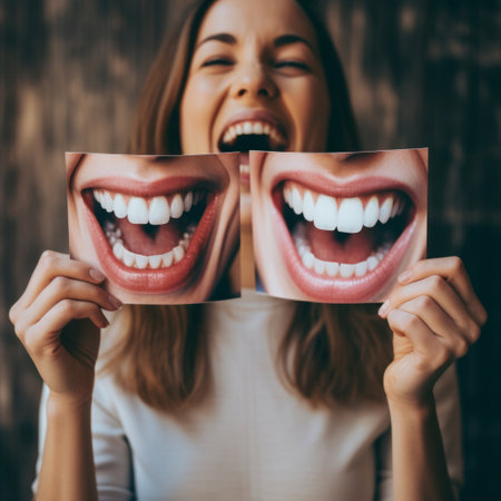 Woman holding laughing photo. Professional dental hygiene healthy teeth concept.の素材