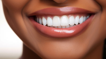 Closeup of smile with white teeth. Dental care, teeth whitening procedure at dentist.の素材