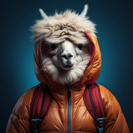 Llama in jacket and backpack and on dark background. Creative marketing campaign conceptの素材