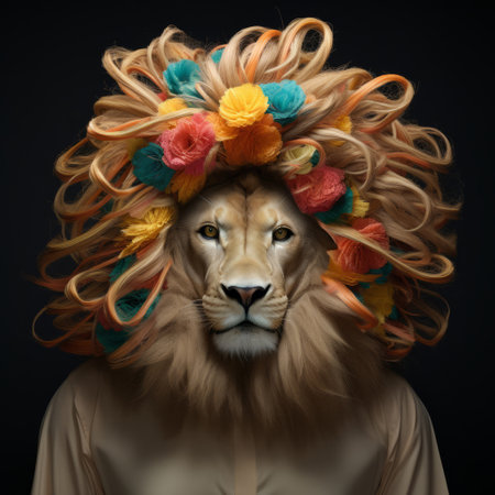 Lion with flowers in hair on dark background. Creative marketing campaign conceptの素材