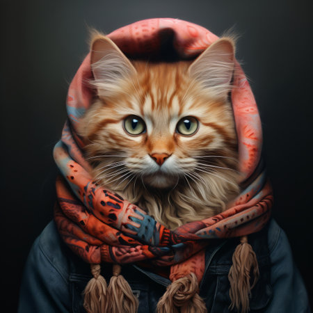 Cat wearing scarf on dark background. Creative marketing campaign conceptの素材