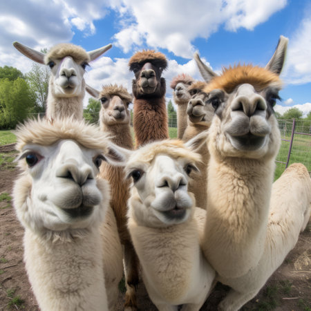 Group of llamas with blue sky and clouds background. Creative marketing campaign conceptの素材