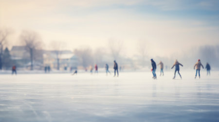 Group of people ice skating in city park, at sunset or sunrise. Healthy outdoor winter activityの素材