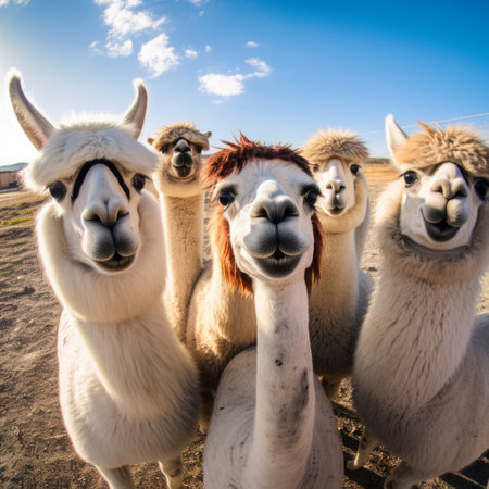 Group of llamas with blue sky and clouds background. Creative marketing campaign conceptの素材
