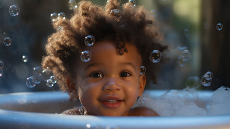 Smiling toddler bathes in bathtub with foam and bubbles. Happy baby bath timeの素材