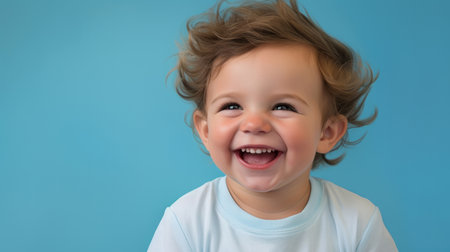Portrait of a toddler posing against a blue background. happy smiling boyの素材