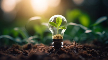 Green eco friendly lightbulb. Environmental Sustainability, Green energy and Earth Dayの素材