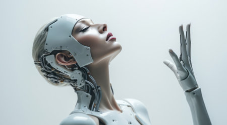 Female robot in futuristic fashion concept. Editorial pose on white backdrop.の素材
