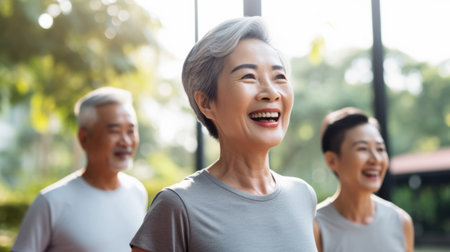 Senior training workout with retirement community. Exercise and happy elderly friendsの素材