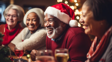 Senior friends and family at Christmas party. Active holiday fun, bonding and retirementの素材