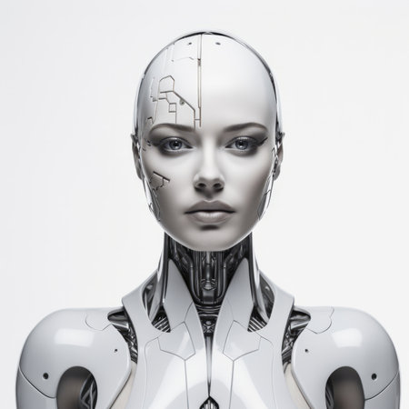 Futuristic female robot, android portrait. Human like features. On white backdrop.の素材