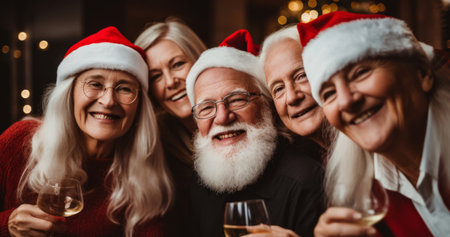 Senior friends and family at Christmas party. Active holiday fun, bonding and retirementの素材