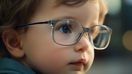 Portrait of toddler boy wearing glasses. Poor eyesight or bad vision for optometryの素材