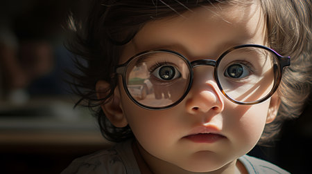 Portrait of toddler boy wearing glasses. Poor eyesight or bad vision for optometryの素材